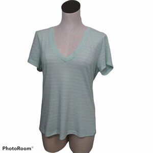 Abbot Main‎ Tee Shirt Womens Medium Linen Blend Stripe V Neck Short Sleeve Mint